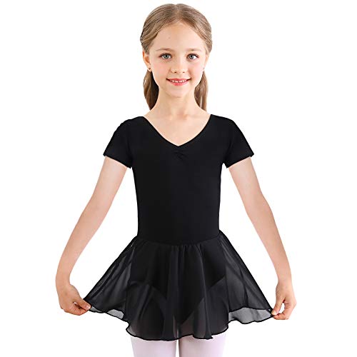 Kinder Kurzarm Ballettkleid aus Baumwolle mit Chiffon Kleider Ballett Trikot Turnanzug für Mädchen Schwarz 110 Kinder Kurzarm Ballettkleid aus Baumwolle mit Chiffon Kleider Ballett Trikot Turnanzug für Mädchen Schwarz 110 von Bezioner