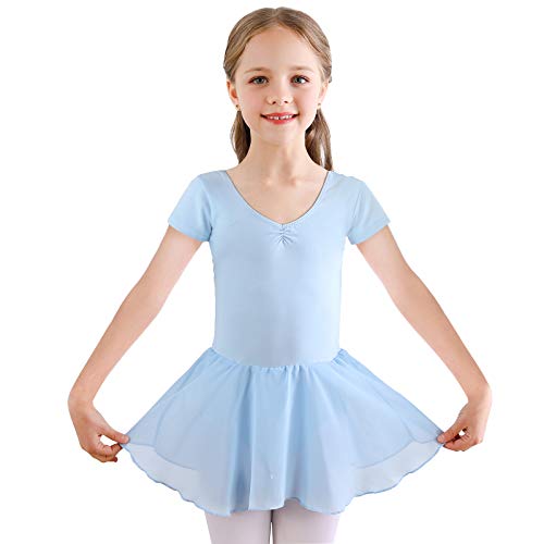 Kinder Ballettkleidung Mädchen Ballettkleid Kurzarm Langarm Balletttrikot Ballettanzug Tanzkleid Tanzbody aus Baumwolle mit Chiffon Rock Tütü (150, Blau Kurzarm) von Bezioner