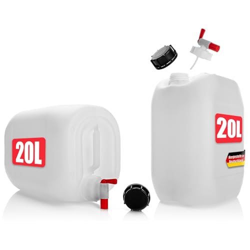 BigDean 2 Stück Wasserkanister 20L mit Auslaufhahn + Schraubdeckel - für Lebensmittel & Industrie - BPA frei lebensmittelecht stapelbar UN-Zulassung DIN 61 - tragbarer Wasserbehälter- Made in Germany von BigDean