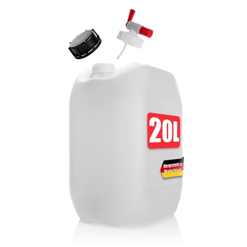 BigDean Wasserkanister 20L mit Auslaufhahn + Schraubdeckel naturweiß - BPA frei lebensmittelecht stapelbar UN-Zulassung DIN 61 - tragbarer Wasserbehälter für Indoor & Outdoor - Made in Germany von BigDean