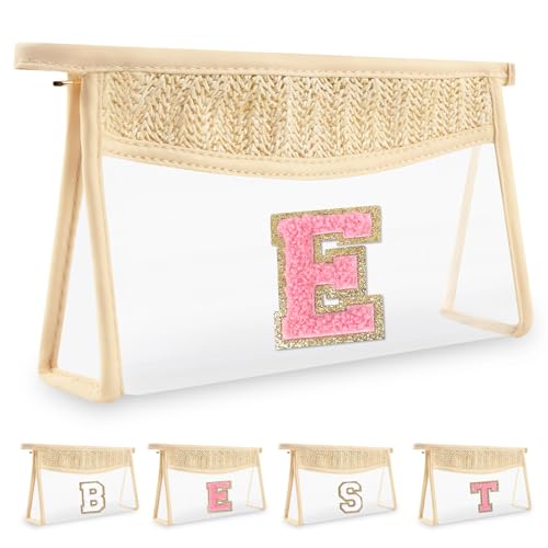 Biileen Make-up-Tasche mit Initialbuchstaben, klein, Boho-Stil, Stroh, transparent, Pink, E von Biileen