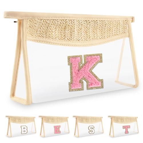 Biileen Make-up-Tasche mit Initialbuchstaben, klein, Boho-Stil, Stroh, transparent, Pink, K von Biileen