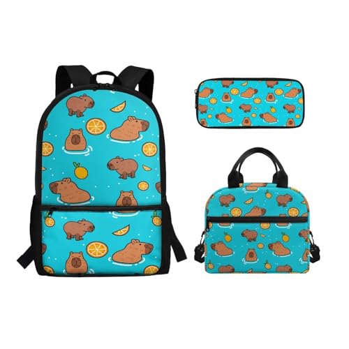 Binienty 3-teiliges Schultaschen-Set mit Lunch-Tasche, Federmäppchen für Kinder, Kleinkinder, Mädchen, Jungen, niedlicher, leichter Rucksack für die Grundschule, Cartoon-Capybara, Einheitsgröße, von Binienty