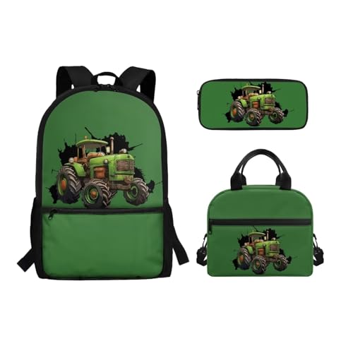 Binienty 3-teiliges Schultaschen-Set mit Lunchbox, Federmäppchen für Kinder, Kleinkinder, Mädchen, Jungen, niedliches, leichtes Rucksack-Set, 3-in-1, Cartoon Traktor, Einheitsgröße, Kinderrucksack von Binienty