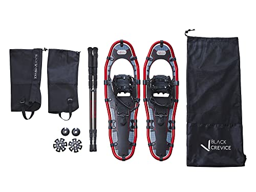 BLACK CREVICE Schneeschuh Set I Alu Schneeschuhe Herren & Damen in 3 versch. Größen I 3-teilige Teleskop Trekkingstöcke aus Aluminium I Wasser- & Winddichte Outdoor-Gamaschen I Tragetasche, 53 cm von Black Crevice