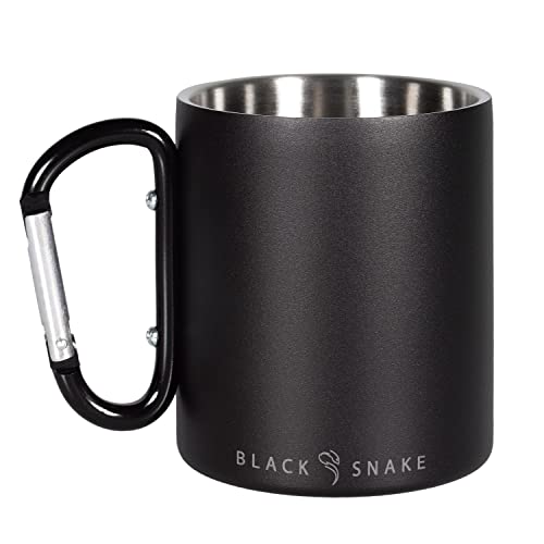 Black Snake® Camping Thermo Tasse aus Edelstahl Feldtasse mit Karabiner Haken - 300ml - Schwarz von Black Snake