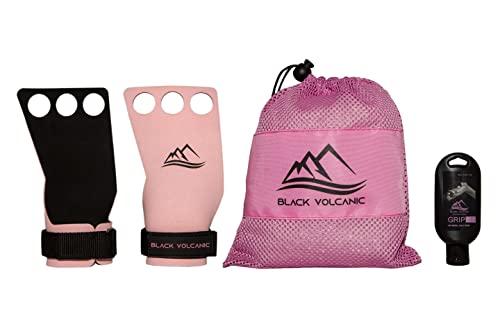 Black Volcanic – Cross Training Grips Carbon mit 3 Löchern, für Gymnastik, verhindert Blasen, erhöhte Festigkeit und Schutz, Plus rosa Flüssigkeit Magnesium und atmungsaktive Tasche (L) von Black Volcanic