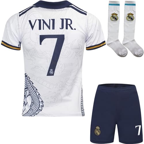 BlackAzat 2023/2024 Madrid #7 Vini Jr. Vinicius Kinder Trikot Fußball Spezielle Weißer Drache, Shorts Socken Jugendgrößen (Weiß,24) von BlackAzat