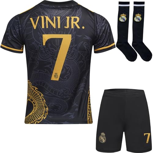 BlackAzat 2023/2024 Madrid #7 Vini Jr. Vinicius Kinder Trikot Fußball Spezielle Golddrachen-Edition, Shorts Socken Jugendgrößen (Schwarz,24) von BlackAzat