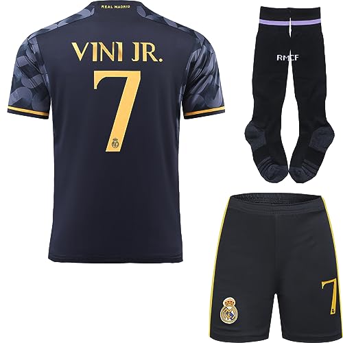 BlackAzat 2023/2024 Madrid Auswärts #7 Vini Jr. Vinicius Football Fußball Kinder Trikot Shorts Socken Set Jugendgrößen (Navy,16) von BlackAzat