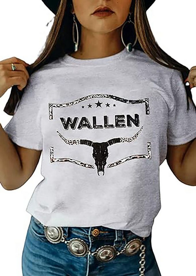 BlauWave Kurzarmshirt Cowboy Steer Skull Leopard gebleichtes T-Shirt für Damen Western (1-tlg., Cowgirl Shirt Vintage Western T-Shirt) Geeignet für tägliche Reisen von BlauWave
