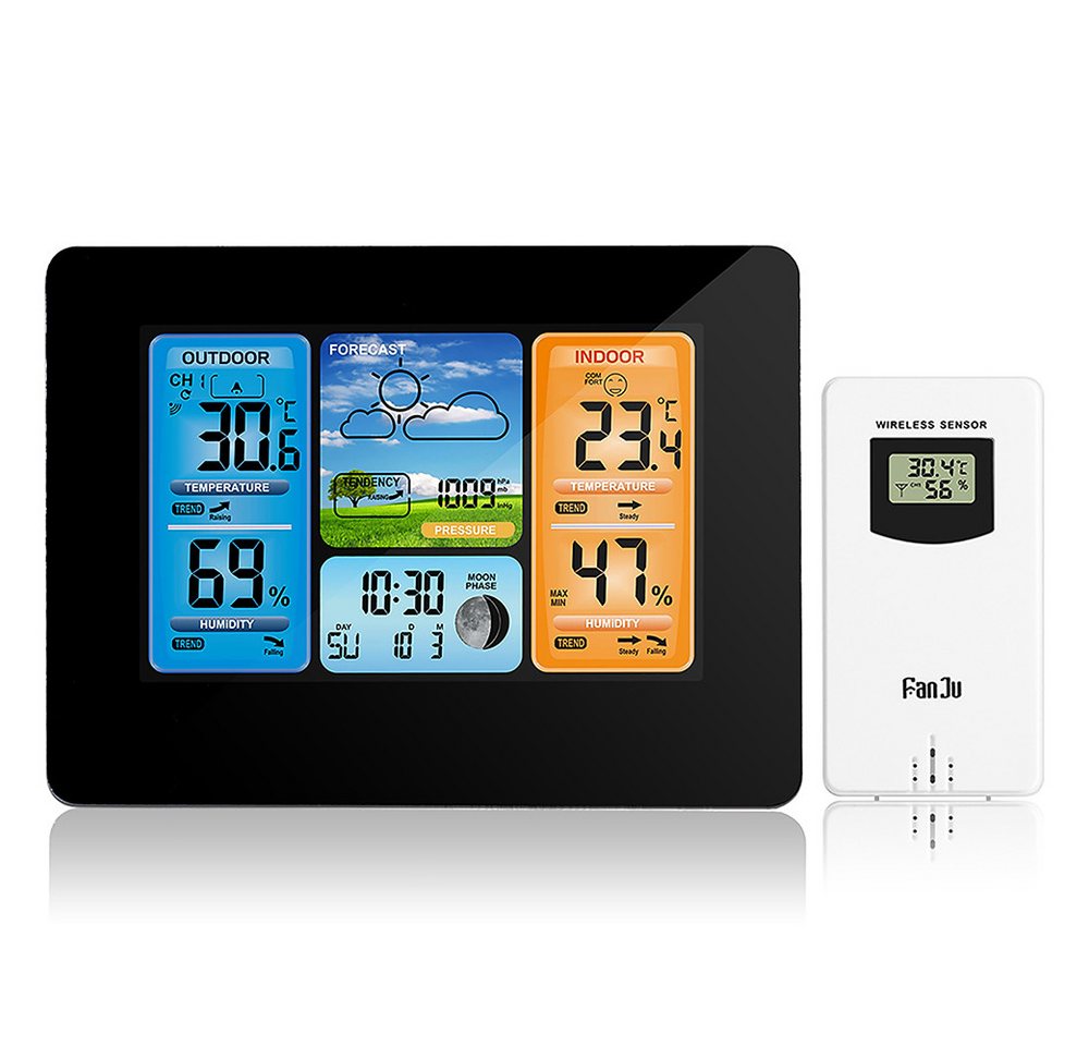 BlingBin RF Wireless Farbbildschirm Wettervorhersage, Wetter Überwachungsuhr Wetterstation (mit Außensensor, mit Alarm/Temperatur/Luftfeuchtigkeit/Barometer/Mondphase/Wetteruhr) von BlingBin
