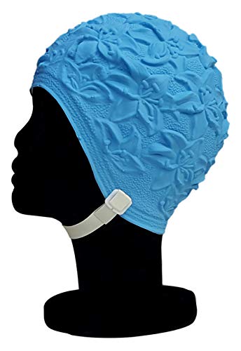 Blue Reef Badekappe aus Latex, weich, biegsam, einfarbig, 3D-Effekt, Blumenmuster, klassischer Retro-Stil, Vintage-Stil, Einheitsgröße für Erwachsene mit verstellbarem Riemen (blau) von Blue Reef