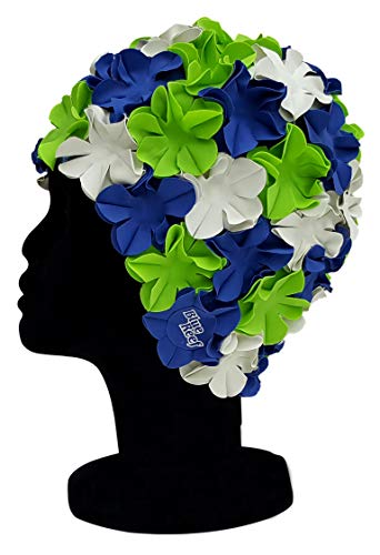 Blue Reef Isla Floral Damen Klassische Retro 3D Blume Blütenblatt 3 Farben Stilvolle Vintage Badekappe Badekappe Einheitsgröße Erwachsene (Grün/Off-White/Navy Blue) von Blue Reef