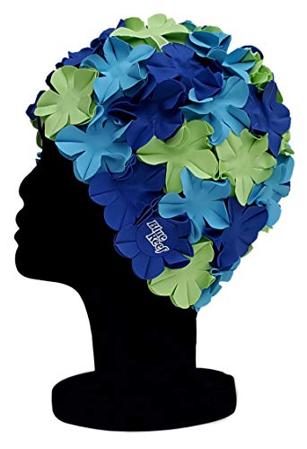 Blue Reef Isla Floral Damen Klassische Retro 3D Blume Blütenblatt 3 Farben Stilvolle Vintage Badekappe Badekappe Einheitsgröße Erwachsene (Himmelblau/Marineblau/Grün) von Blue Reef