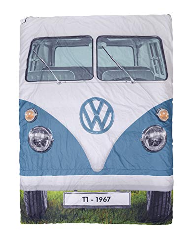 Board Masters VW Collection - Volkswagen Camping & Outdoor Doppelschlafsack im T1 Bulli Bus Design (Bus Front/Blau & Rot) von Board Masters