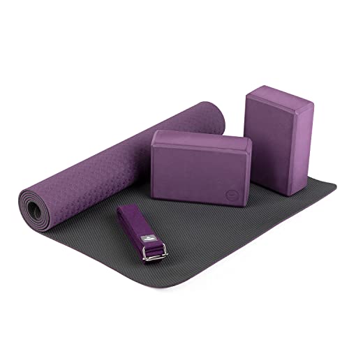 Bodhi Yoga-Set Flow | Set bestehend aus: 1 Yogamatte aus TPE, 2 Yoga-Bricks aus Eva (Moosgummi) und 1 Yoga-Gurt aus Baumwolle | Einsteiger-Set für Yoga-Anfänger (lila) von Bodhi