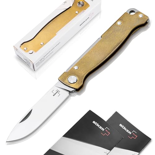 Böker Plus® Atlas Messer - kleines Slipjoint Taschenmesser - Klappmesser mit Metall Griff - EDC Vollmetall Messer - Vintage Sandvik Messer (Taschenmesser Messing) von Böker Plus