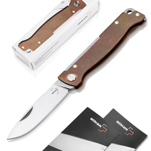 Böker Plus® Atlas Messer - kleines Slipjoint Taschenmesser - Klappmesser mit Metall Griff - EDC Vollmetall Messer - Vintage Sandvik Messer (Taschenmesser Kupfer) von Böker Plus