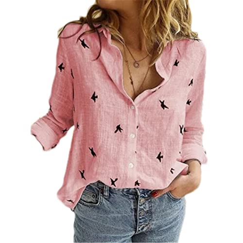 Bollrllr Damen Baumwolle Leinen Hemd Knopf Revers Cardigan Top Damen Lose Hemden Langarm Frühling Blusen von Bollrllr