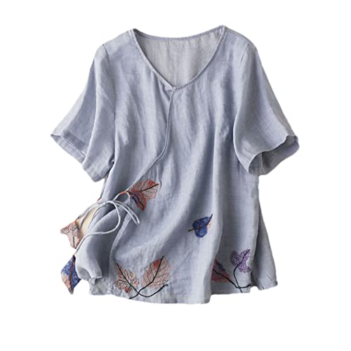 Bollrllr Japanische Sommerbluse Stickerei Baumwolle Leinen Hemd Schräge Schnürung Blusen Casual Kurzarm Frauen Top von Bollrllr
