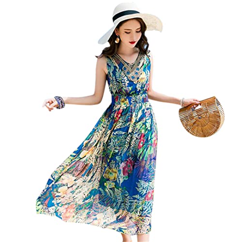 Damen Sommerkleidung Casual Seidenkleid Party Urlaub Strand Maxirock Blau Bedrucktes Kleid XL von Bollrllr