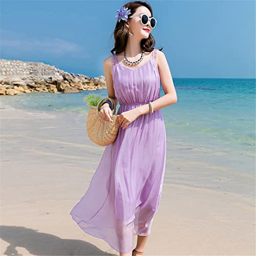 Sommer Damen Bohemian Weiß Seide Korean V-Ausschnitt Ärmelloses Langes Kleid Casual Urlaub Strandkleid Lila M von Bollrllr