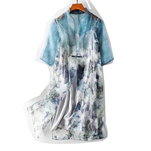 Vintage Sommerkleid Damen Boho Stil 100% Seide Mid Waist Damen Blumenkleid + Top Hellblau XL von Bollrllr