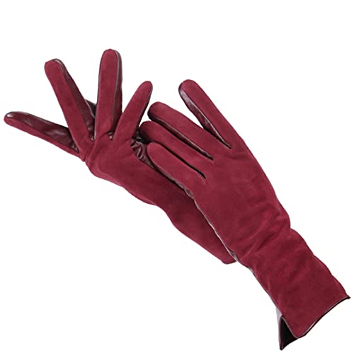 Winter Warm Touch Handschuhe Echtleder 50% echtes Wildleder 50% Damen Echtleder Handschuhe Bunt Lange Damen Handschuhe Weinrot 8,5 von Bollrllr