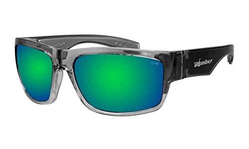 Bomber TR104GM Herren-Sicherheits-Sonnenbrille, zweifarbiger Kristallrahmen mit grün verspiegelten Gläsern, z87-konform, UV-Schutz, übergroße Gläser mit rutschfestem Schaumstofffutter von Bomber