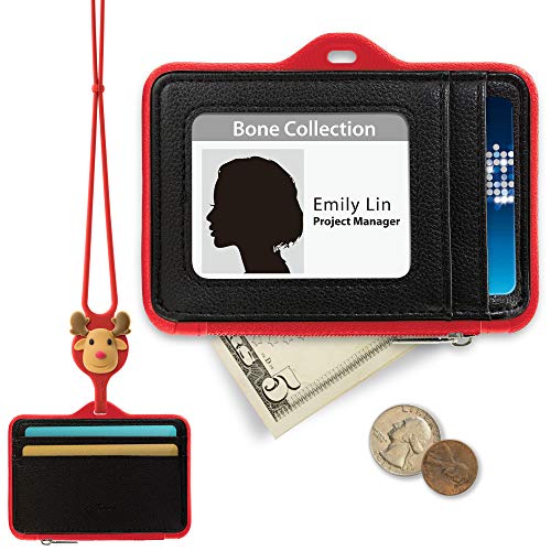 Bone Ausweishülle mit Geldfach und Reißverschluss, Ausweistasche mit Lanyard Geldbörse, Doppelseitige Kartenfächer, Abnehmbar Lanyard Ausweishalter für Frauen Männer Büro - Horizontal (Herr Hirsch) von BONE
