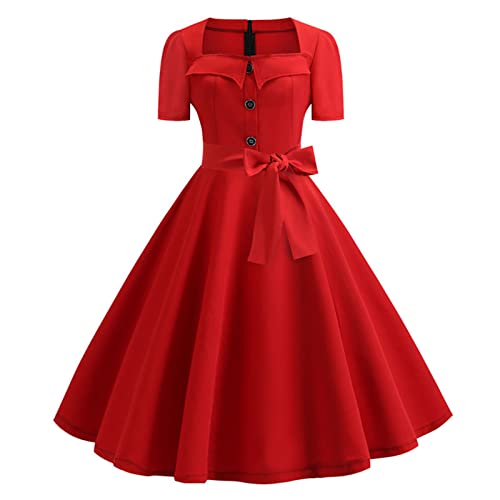 Bopchk Retro Polka Dot Kleid für Frauen Sommer Quadratischer Kragen Elegantes Vintage Kleid 50er Jahre Pin Up Robe Plus Size,Red, XXL von Bopchk