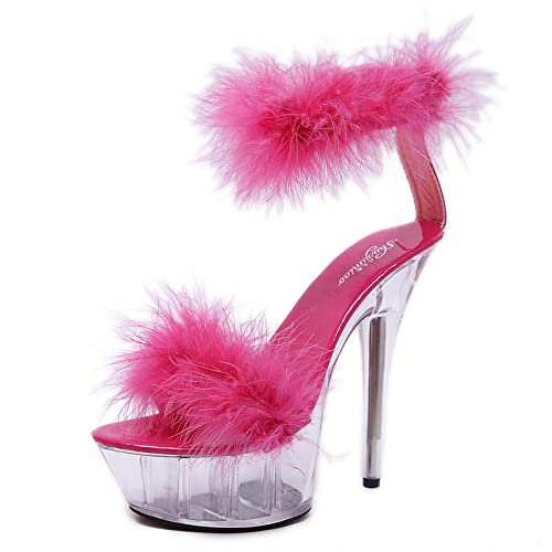 Bopchk Sommer Frauen 15 cm Super High Heel Pumps Kunstpelz Transparent Plateau Sandalen Nachtclub Party Damen Schuhe Mit Absätzen,Pink, 39 von Bopchk