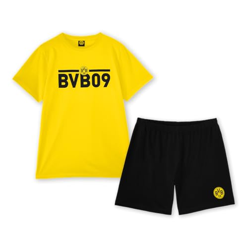 BVB Borussia Dortmund Schlafanzug schwarzgelb, Shirt, Hose, Exklusive Kollektion, BVB09 Schriftzug, 100% Baumwolle, kurz, Größe L von Borussia Dortmund