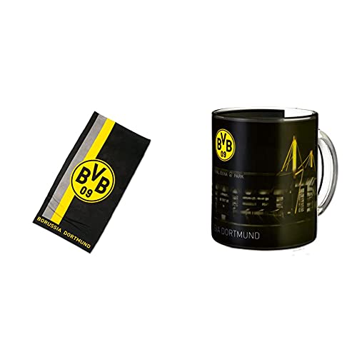 BVB-Handtuch mit Logo im Streifenmuster 50x100cm & BVB-Zauberglas von Borussia Dortmund