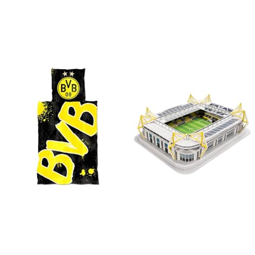 Borussia Dortmund BVB-Bettwäsche Glow in The Dark, 1 Stück,(135x200cm), Gelb & BVB-3D-Stadionpuzzle, 74 Teile von Borussia Dortmund