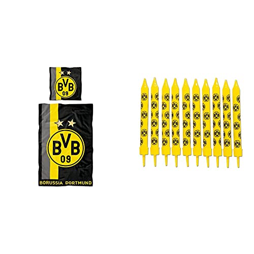 Borussia Dortmund BVB-Bettwäsche mit Streifenmuster (135x200cm) & Borussia Dortmund BVB-Geburtstagskerzen (10 Stück) von Borussia Dortmund