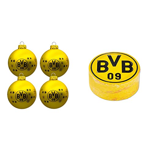 Borussia Dortmund BVB-Christbaumkugeln (4er Set) Dekoration, gelb, one Size, einheitsgröße & BVB-Zauberhandtuch (60 x 30 cm), Schwarz/gelb von Borussia Dortmund