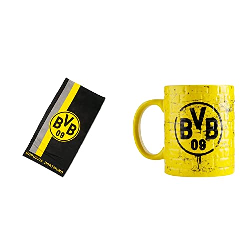 Borussia Dortmund BVB-Handtuch mit Logo im Streifenmuster (50x100cm) & BVB-Tasse Gelbe Wand, Gelb, 0 von Borussia Dortmund