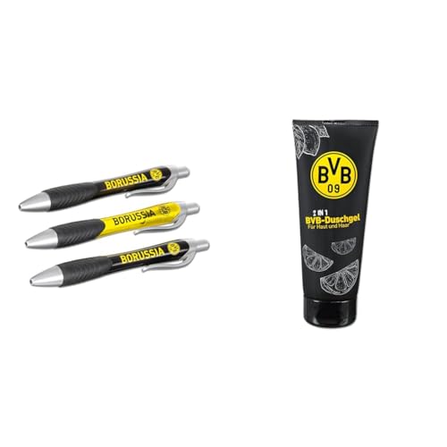 Borussia Dortmund BVB-Kugelschreiber (3er-Set) & BVB 09 2-in-1 Duschgel, 200 ml, Schwarz von Borussia Dortmund