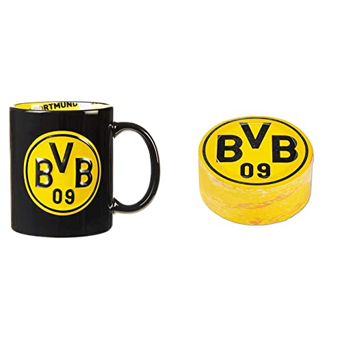 Borussia Dortmund BVB-Tasse mit Innendekor, Schwarz, Einheitsgröße (1er Pack) & BVB-Zauberhandtuch (60 x 30 cm), Schwarz/gelb von Borussia Dortmund