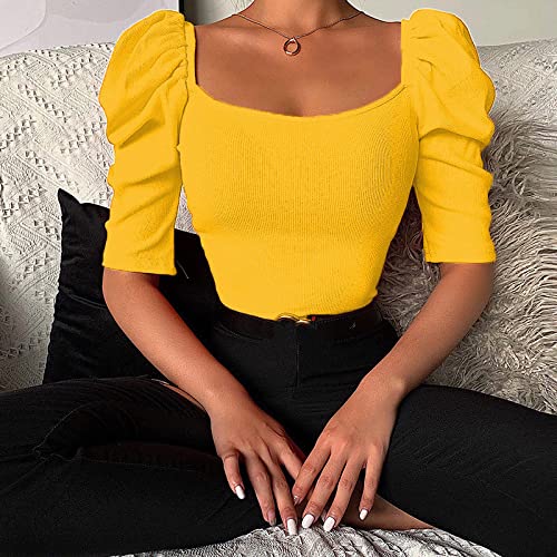 Oberteile Damen,Damenbluse Mit Quadratischem Ausschnitt, Sommerhemden, Schmal, Puffärmel, Basic-Tanktops, Elegante Bluse, T-Shirt-Jacke, Lässige Bluse, Tunika, Sweatshirt-Tops Für Damen, Gelb, S von BrOleo