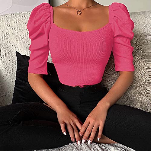 Oberteile Damen Sommer,Damenbluse Mit Quadratischem Ausschnitt, Sommerhemden, Schmal, Puffärmel, Basic-Tanktops, Elegante Bluse, T-Shirt-Jacke, Lässige Bluse, Tunika, Sweatshirt-Tops Für Damen, Rot, von BrOleo