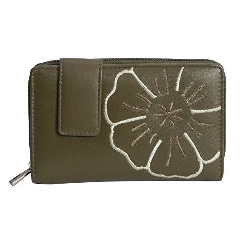 Branco Leder - sehr feine Trifold Leder Damen Geldbörse, Portemonnaie, Ladys Wallet mit aufgesticktem Blumen Motiv verfügbar - präsentiert von ZMOKA® (Olive) von Branco - präsentiert von ZMOKA