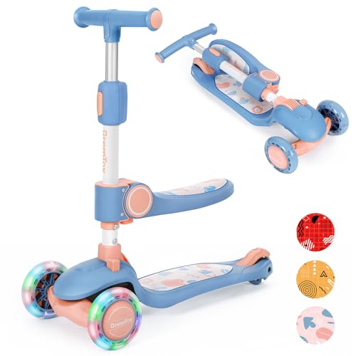 BremToy Kinderroller mit Sitz, Kinder Roller mit Stufenlos Verstellbarer Lenker, Tretroller mit LED Rädern, Faltbarer Kinder Roller für Kinder 1–8 Jahren, Rosa von BremToy