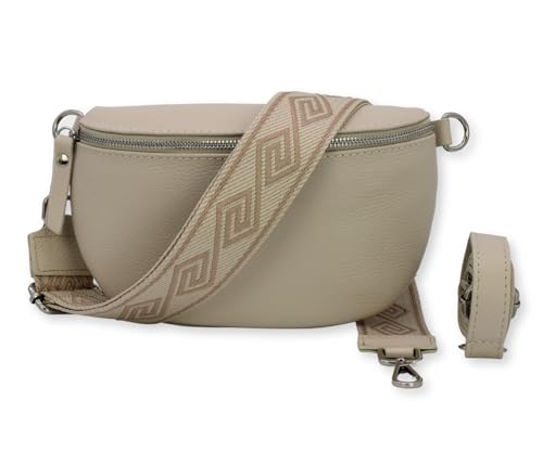 BRISE Damen Bauchtasche SAHEL Handgemachte Umhängetasche Crossbody Bag Gürteltasche Echtes Leder mit Ledergurt + Breiten Gemusterten Riemen Stylische Made in Italy Hüfttasche (Beige-Silber 3) von Brise Art