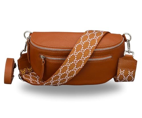 BRISE Damen Bauchtasche LUCIA Handgemachte Umhängetasche Crossbody Bag Echtes Leder mit Ledergurt + Optionalen Breiten Gemusterten Riemen 3 Fächer Stylische Made in Italy Gürteltasche (Cognac Braun-5) von Brise Art