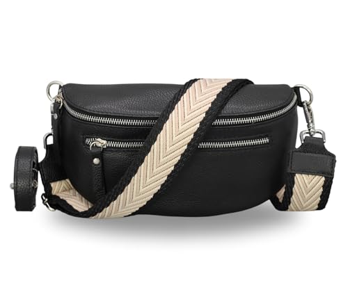 BRISE Damen Bauchtasche LUCIA Handgemachte Umhängetasche Crossbody Bag Echtes Leder mit Ledergurt + Optionalen Breiten Gemusterten Riemen 3 Fächer Stylische Made in Italy Gürteltasche (Schwarz - 2) von Brise Art