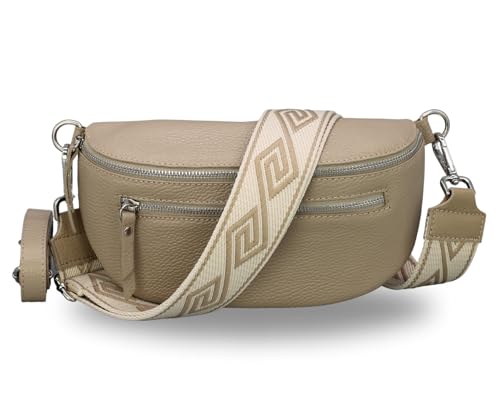 BRISE Damen Bauchtasche LUCIA Handgemachte Umhängetasche Crossbody Bag Echtes Leder mit Ledergurt + Breiten Gemusterten Riemen 3 Fächer Stylische Made in Italy Gürteltasche (Taupe - 3) von Brise Art