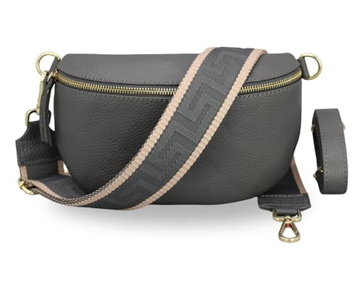 BRISE Damen Bauchtasche SAHEL Handgemachte Umhängetasche Crossbody Bag Gürteltasche Echtes Leder mit Ledergurt + Breiten Gemusterten Riemen Stylische Made in Italy Hüfttasche (Dunkelgrau-Gold 5) von Brise Art